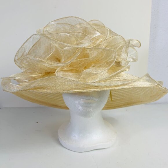 Bellady Wide Brim Church Hat VTG Champagne Wedding Sinamay Formal Church Derby - Picture 6 of 11